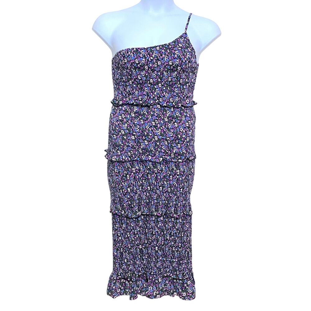 Pretty Garden One Shoulder Midi Dress M Dark Floral Coquette Ruffle Bodycon NWT - Picture 1 of 9